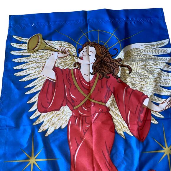 Vintage Garden Holiday Christmas Flag Angel blowing Trumpet Red Gold Blue - Picture 2 of 6